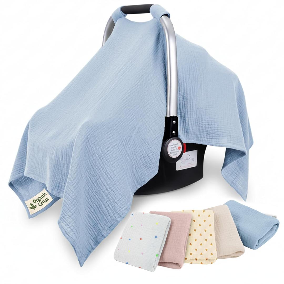 infancie 100% Organic Muslin Cotton Car Seat Cover 35 x 50 Inches Soft Touch Breathable Canopy, Protective Car Seat Cover Baby All Seasons Lightweight Car Seat Cover Travel Comfort (Blue)