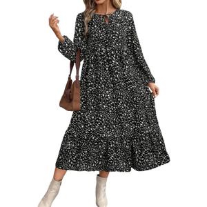 Women's Autumn Long-Sleeved Round-Neck Pleated Floral Dress a Casual and Flowing Long Dress (Black, L)