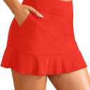 Daci Ruffle Swim Skirt with Pockets - High Waisted Swimsuit Skirt Tummy Control Bathing Suit Bottoms for Women (Large, Red)