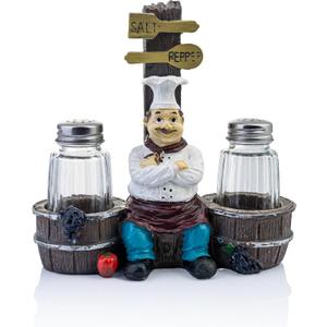 Decorative Spice Dispenser Shaker Holder - Salt And Pepper Dispenser Resin Cook Statue Salt & Pepper Shakers with Grape Accent Jars - with Glass Spice Jars