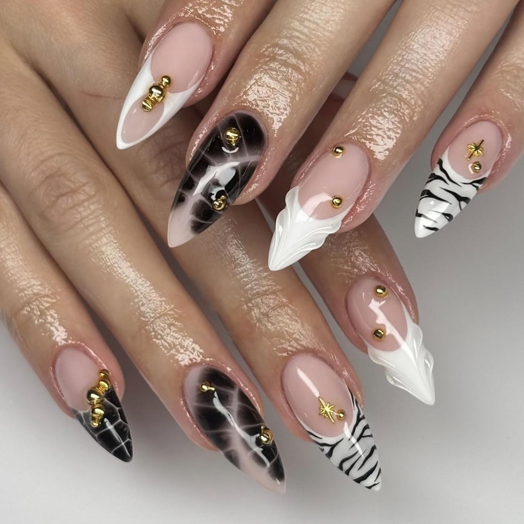 Press on Almond Nails Medium Length Glossy Full Cover Acrylic Almond Shaped False Nails with Designs Artificial Fake Nail with Charms Glue Stick ons Fingernails for Women Girls(K1011)