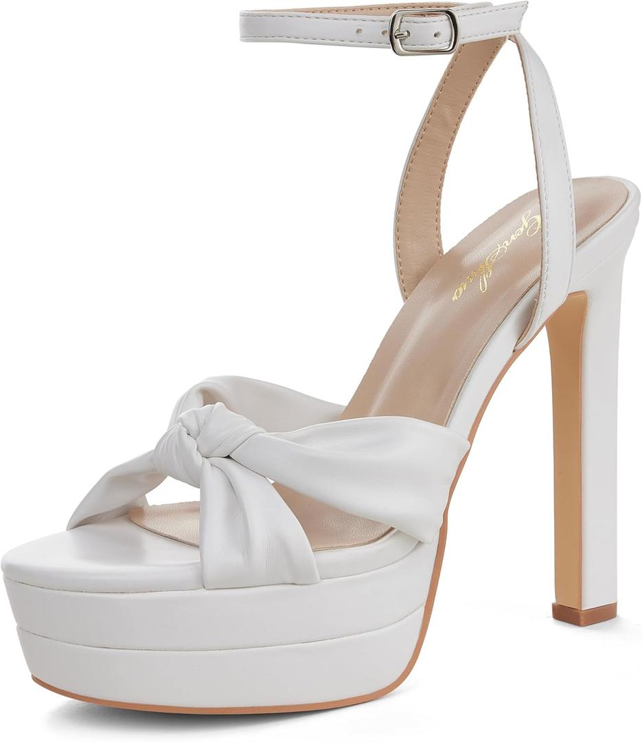 GENSHUO Bow Knot 5.5 inch Stiletto High Heels for Women Platform Open Round Toe Strappy Heeled Sandals Wedding Party Prom Shoes (White) 8.5 