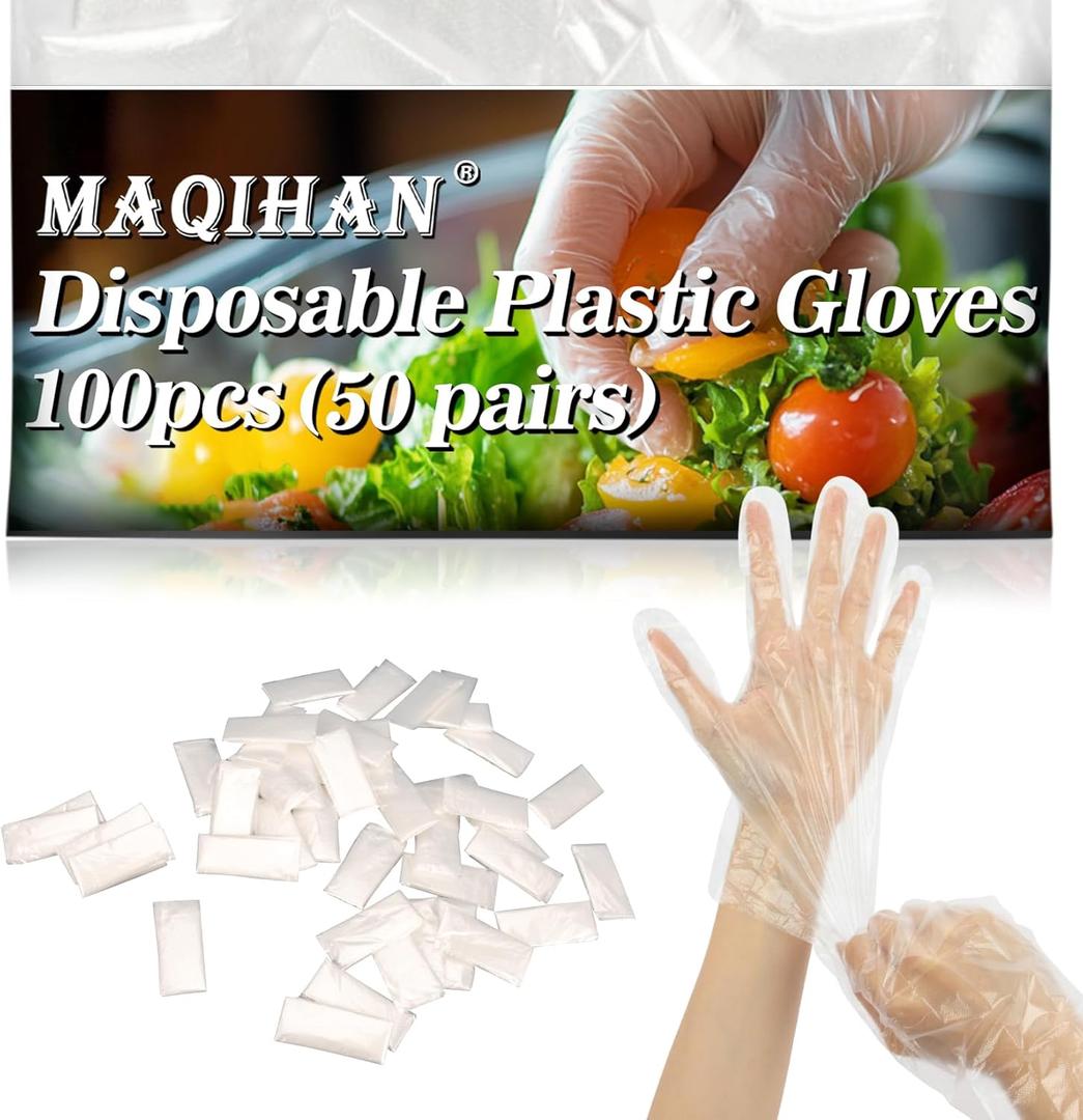 MAQIHAN 100Pcs(50Paris) Plastic Gloves Disposable - Plastic Food Safe Handling Food Prep Service Gloves Clear Food Handler Cooking Serving Kitchen Restaurant Hair Dye Individual Packaged