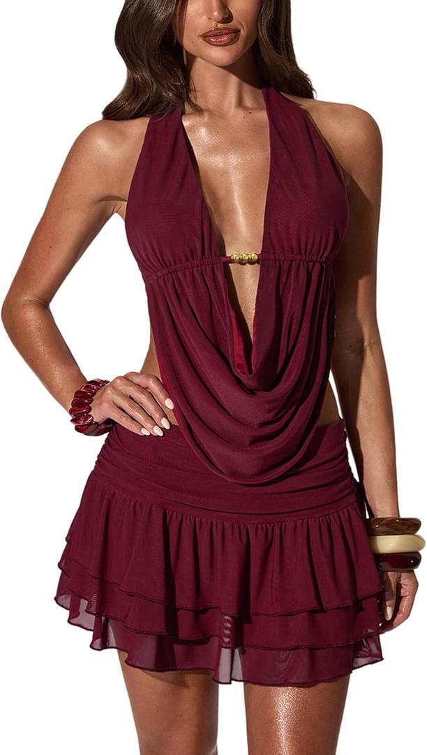 OYOANGLE Women's 2 Piece Outfits Y2K Deep V Neck Sleeveless Halter Summer Top and Ruched Ruffle Skirt Going Out (Large, Burgundy)
