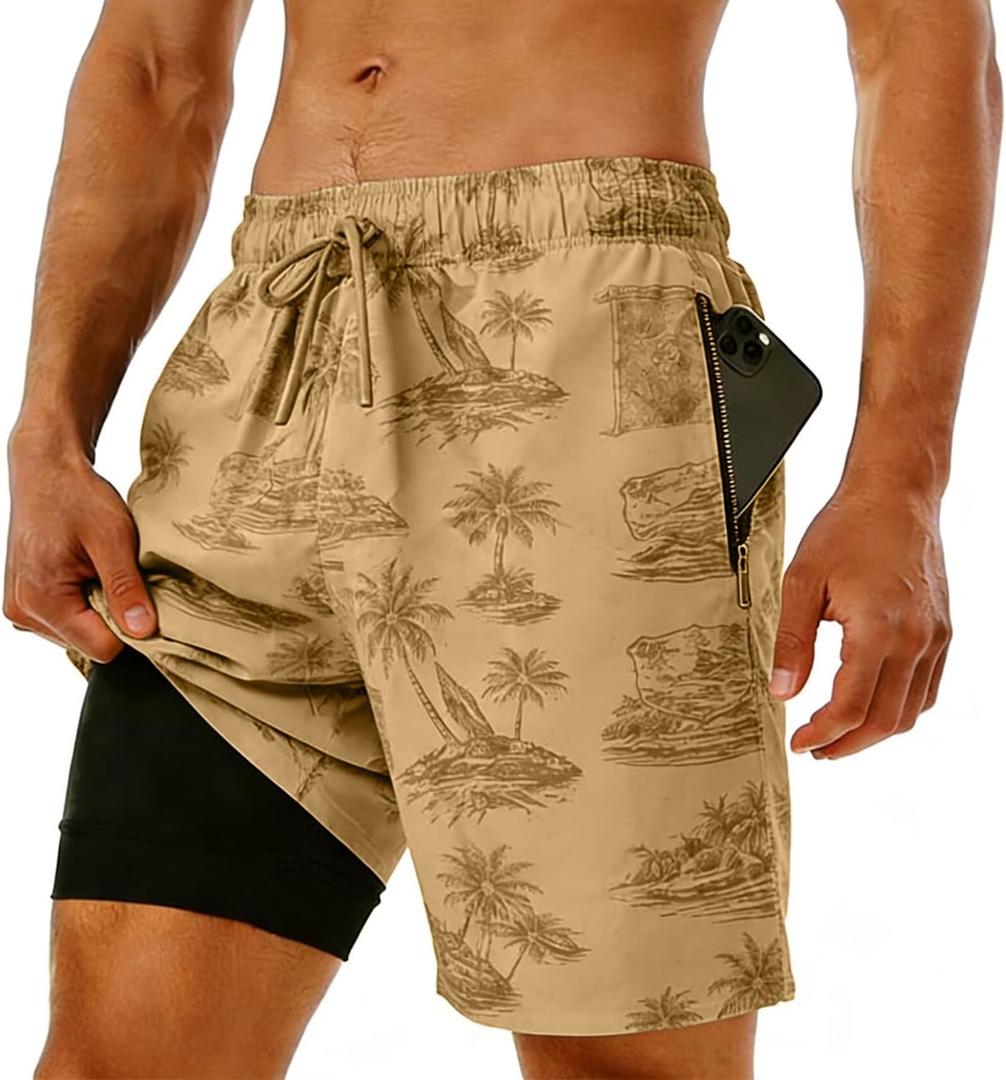 Men's Swim Trunks with Compression Liner, Quick Dry Hawaiian Swimwear Bathing Suit Drawstring Board Shorts (L, Khaki Coconut Tree)