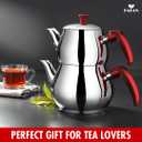Hakan Teapot Set 107 Oz with Self Strainer Double Lids, Stainless Steel Maxi Double Bondy Tea Pot Set 3.2 L, 3.3-Quart, Turkish Samovar Style, Tea Kettle for Loose Leaf Tea with Red Bakelite Handle