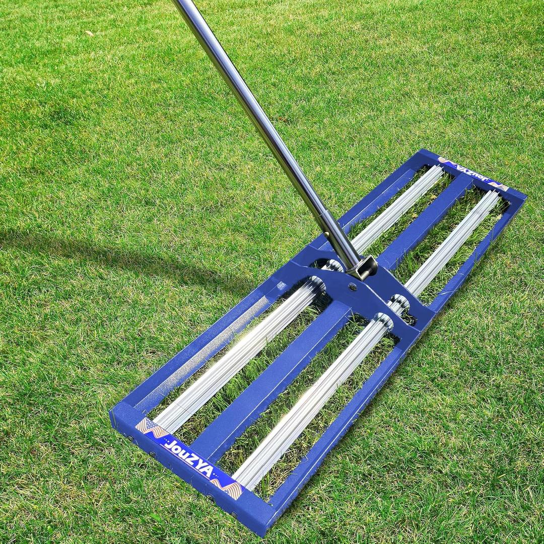 Updated Lawn Leveling Rake 30"x10", Lawn Leveler with Aluminum Rollers, Yard Leveling Rake Stainless Steel with 27-80" Adjustable Handle, Heavy-Duty Ground Leveler Suit for Garden,Golf,Lawn,Farm,Blue