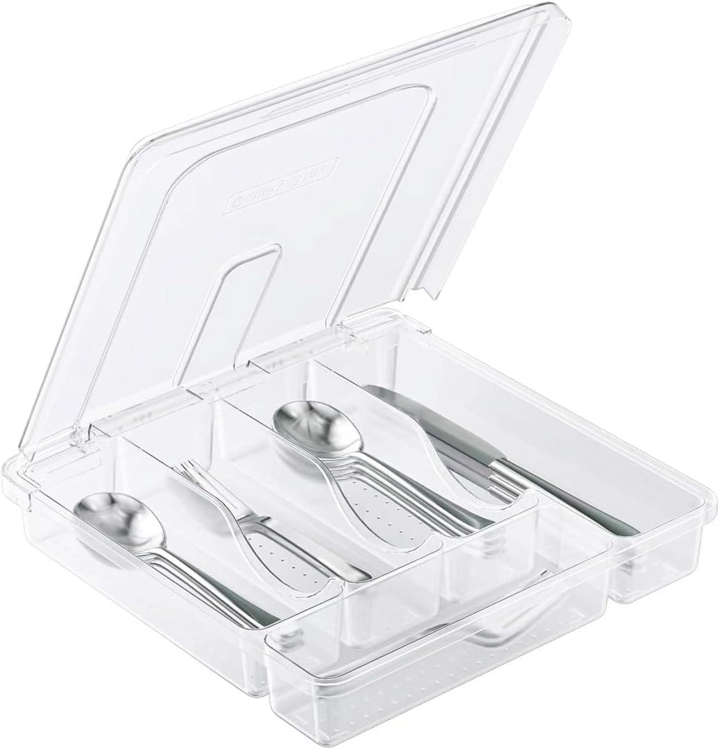 Silverware Organizer with Lid, Covered Utensil Tray for Kitchen Drawer and Countertop, Plastic Cutlery and Flatware Storage Box for Spoons Forks Knives Holder Case, BPA Free Flatware (transparent)