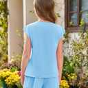 Haloumoning Girls Summer Outfits Casual Lounge Set Cap Sleeve T Shirt and Elastic Waist Shorts 2 Piece Clothing Sets (Blue, S)