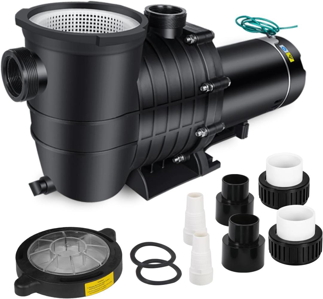 2HP 115V/230V Dual Voltage Self-Priming Swimming Pool Pump for Above Ground & Inground Pools, 6800GPH High Flow, Energy-Efficient Copper Motor, Includes 1.25"/1.5"/2" Pipe Fittings