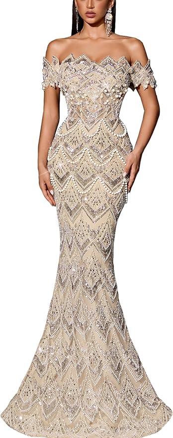 Women Off Shoulder Sequin Mermaid Evening Dress Lace Up Back Formal Gown Beaded Bodycon Prom Dress Party Wedding Guest, Large