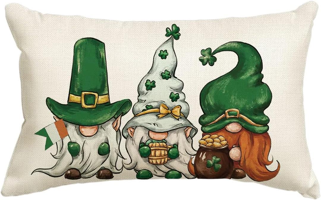 AVOIN St Patricks Day Gnomes Throw Pillow Cover, 12 x 20 Inch Ireland Flag Lucky Clover Shamrock Cushion Case Decoration for Sofa Couch