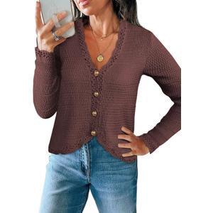 Womens Cardigan Sweaters Trendy Cropped Button Up Long Sleeve V Neck Loose Boho Casual Knit Tops Fall Outfits (Large, Brown)