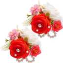 Wrist Corsage and Boutonniere Set, Artificial Rose Corsage Wristlet and Boutonniere for Wedding Prom Party (Red-White, 2pcs Wrist Corsage)