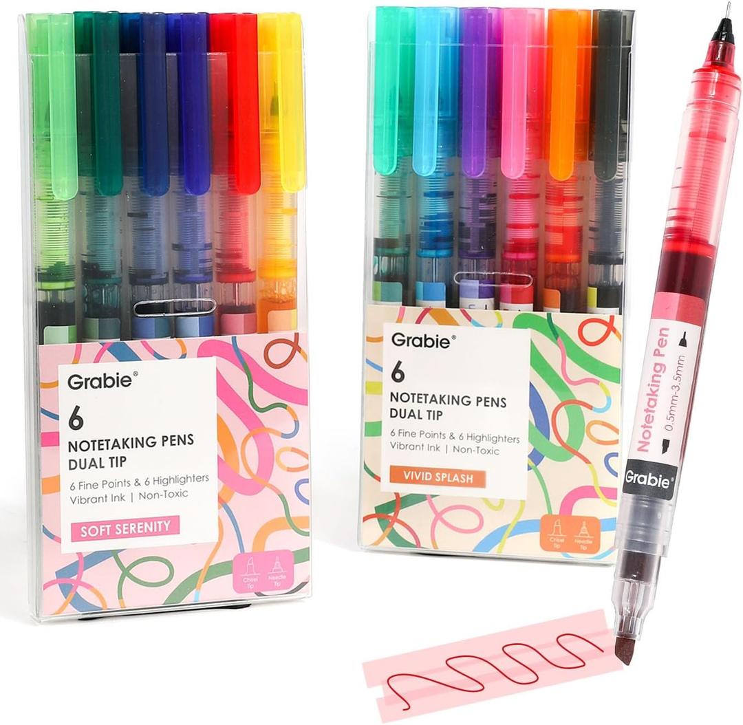 Dual Tip Notetaking Pens (3.5mm Chisel + 0.5mm Needle), Dual Tip Highlighter Markers for Journaling, Colored Pens for Note Taking and Adult Coloring Books (2 value pack)