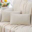 decorUhome Chenille Soft Throw Pillow Covers 12x20 Set of 2, Lumbar Velvet Farmhouse Neutral Decorative Pillow Covers with Stitched Edge for Couch Sofa Bed Home Decor, Beige