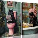 2 Pcs Funny Bathroom Cat Canvas Wall Art Black Cat Sitting on Toilet Reading Newspaper Bathe Paintings Pictures Wall Decor Poster Print Artwork for Toilet Washroom Home Decoration