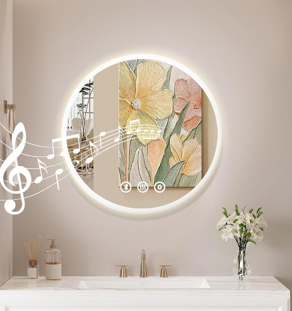 Mirror with Lighting, 50 cm Bathroom Mirror Round with Lighting Bathroom Mirror with Anti-Fog, Bluetooth, 3 Light Colours LED Bathroom Wall Mirror with Touch Switch, Bathroom Mirror with Light