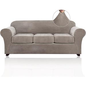 PrinceDeco Velvet Couch Covers for Sofa Soft 4 Pieces Couch Covers for 3 Cushion Couch Sofa Pet Friendly Furniture Protector with Non Slip Elastic Bottom Width Up to 90 Inch(Large, Taupe)