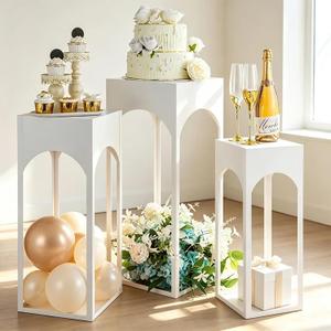 NUPTIO White Pedestal Stand for Party: 3Pcs Metal Display Cake Stands for Birthday - Heavy Duty Square Pedestal Table for Wedding Backdrop Decor 29.5", 25.6", 21.7" Tall
