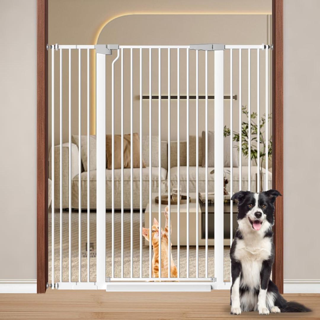 Fairy Baby 51.18" Extra Tall Baby Gates for Doorways, 29.5"-48.4" Extra Wide Safety Child Gates for Cats Dogs, Metal Auto Close Stair Gates Indoor for Kid or Pets No Drilling Pressure Mount Kit, White