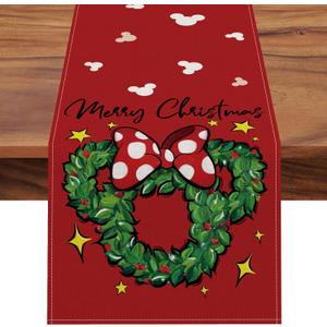 Seliem Merry Christmas Wreath Table Runner, Xmas Red Polka Dot Bow Stars Kitchen Dining Table Decor, Winter Holiday Farmhouse Home Decoration Indoor Outdoor Party Supply 13 x 120 Inches