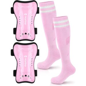 Hryrbay Kids Soccer Shin Guards and Socks Toddler Soccer Shin Pads Protective Defender Gear for Boys Girls Ages 3-15 Great for Training, Matches, Inspired by The World Cup (Small, Pink)