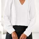 dowerme Womens Tops 2026 Spring V Neck T-Shirts Long Sleeve Shirts Lace Crochet Work Blouses Dressy Casual Loose Tunics (White, L)