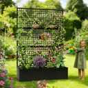 Privacy Planters for Patio Metal Raised Garden Bed with Trellis and Privacy Screen, 71"47.2"16" Planter Box with Drainage Holes for Climbing Plants, Vegetables, and Vines, Outdoor Backyard Black
