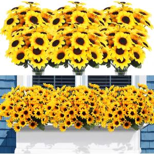 Redbaker 24 Bundles Yellow Sunflower Faux Mums for Outdoor Artificial Flower with Stems Bouquet Fake Plants Bulk UV Resistant Plastic No Fade Wedding Fall Garden Home Window Decor (Sunflower)