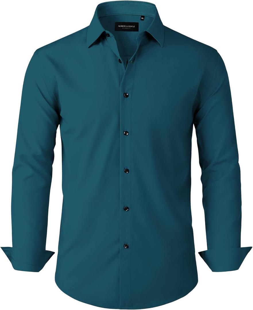 Alimens & Gentle Mens Dress Shirts Stretch Long Sleeve Formal Business Wedding Button Down Shirt Wrinkle Free (Large, Teal)