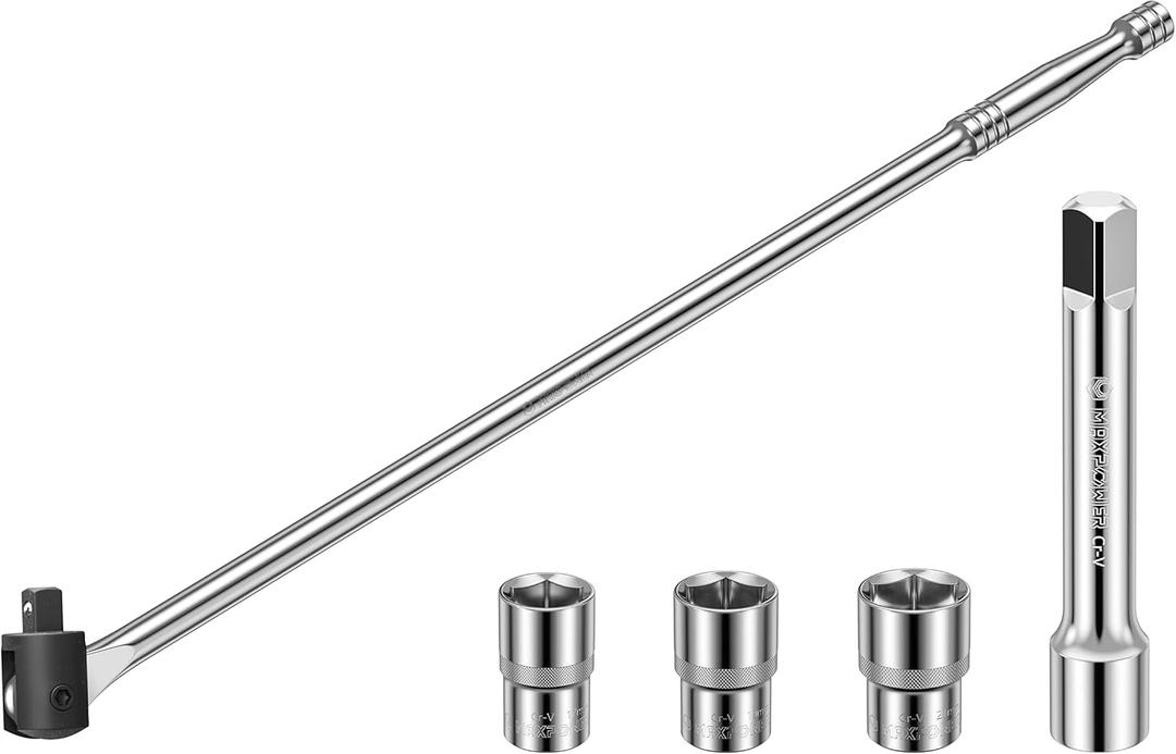 MAXPOWER 1/ 2-Inch Drive 24" Breaker Bar with 125mm Extension Bar, and 3- piece Sockets Including 17 mm, 19 mm, and 21 mm