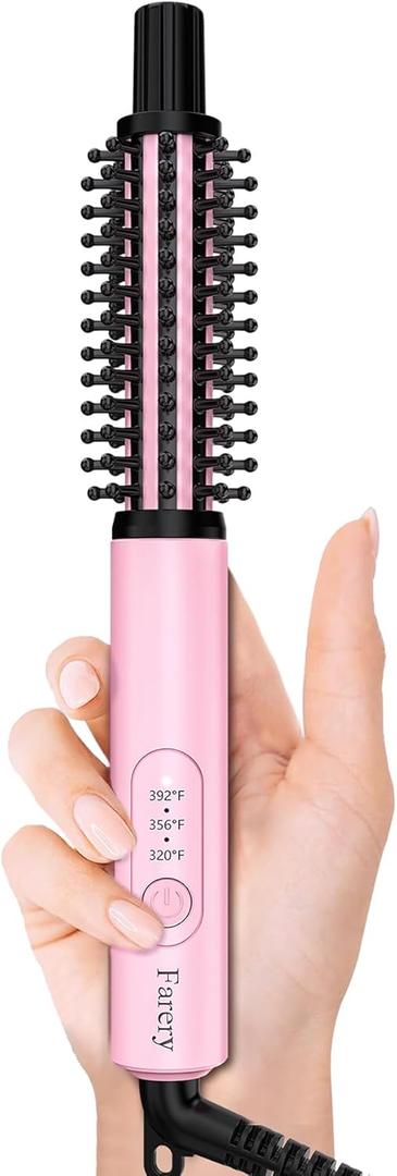 FARERY Mini Thermal Brush 3 Temperature Adjustable, 3/4 Inch Travel Curling Iron for Short Hair, Heated Round Brush for Touch ups and Small Curls, Travel Size Curling Wand, Dual Voltage, Pink