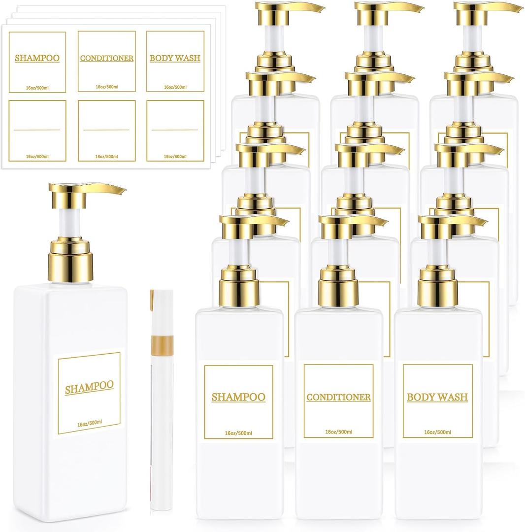 Gejoy 12 Pack White Shampoo and Conditioner Dispenser Bottles, 17 Oz/ 500ml Empty Refillable Pump Bottles with Labels and Marker Pen, Square Plastic Pump Dispenser Bottle for Bathroom Body Wash Shower