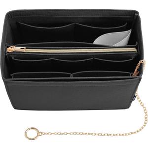 Purse Organizer Insert, Handbag Organizer with Zipper, Tote Shaper with Cup Holder & Keychain, Compatible with LV, Neverfull, MK, COACH, Longchamp, Kate Spade Black Med