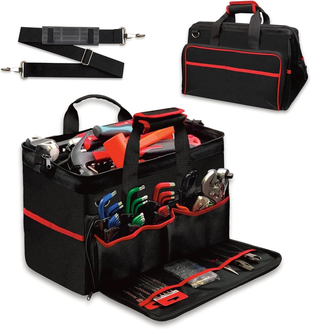 WETT Heavy Duty Tool Bag, 17.3-Inch 30-Pocket Large Portable Adjustable Tool Organizer Storage Bag with Large Zipper for Men, Carrying Toolbag, Electrician Mechanic Construction
