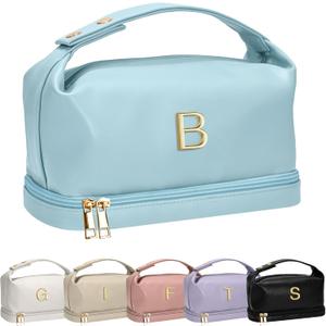 Personalized Teachers Gifts for Women, Makeup Bags with Handle, Initial Double Layer Cosmetic Bag with Makeup Brush Organizer,Teacher Appreciation Gifts, Gifts for Friends Female Mom (Blue)