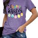 Happy Easter Shirts for Women Easter Bunny T-Shirt Rabbit Graphic Tees Easter Egg Holiday Shirt Tops (Purple, L)