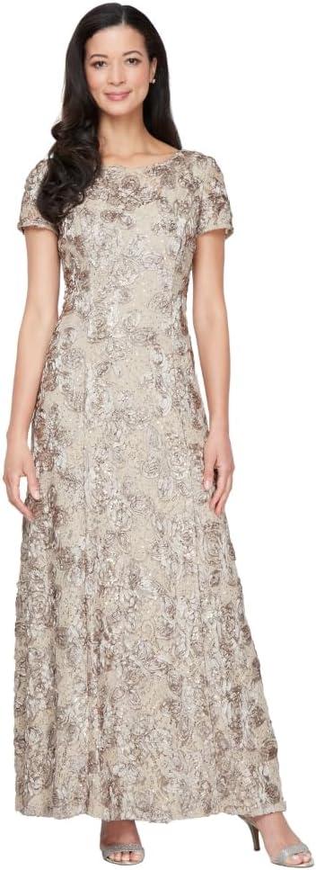 Alex Evenings Women's Long Rosette Mother of The Bride Dress with Short Sleeves (18, Champagne)