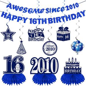 Kuxriox 11Pcs 16th Birthday Decorations Kit for Boys Men, Blue Sliver Happy 16th Birthday Banner, Awesome Since 2010 Centerpieces Swirls Party Supplies, Sixteen Bday Banner Ceiling Table Topper Sign