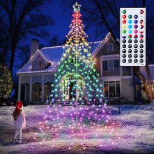 Lomotech RGB Color Changing Christmas Tree Lights - 10Ft 404 LED with 7.08" Topper, Remote Controll Waterproof Iron Pole Waterfall Holiday Tree Lights for Outdoor Christmas Decorations