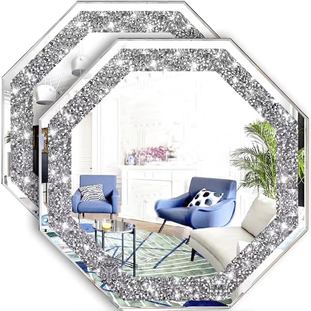 XIHACTY 2 Piece Wall Mirrors Octagon, Crush Diamond Mirrors Wall Decor, Silver Decorative Mirrors for Living Room Decor, Bedroom, Bathroom. (12”x12”)