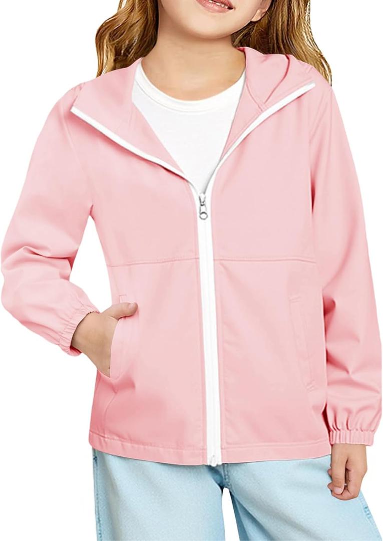 Haloumoning Girls Hooded Jackets Kids Waterproof Windbreaker Lightweight Rain Coats with Pockets 5-14 Years (Pink)