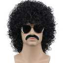 Karlery Mens Short Curly Black Mustache Beard Afro Wig California Rocker Disco Halloween Cosplay Anime Costume Party Wig (Black)
