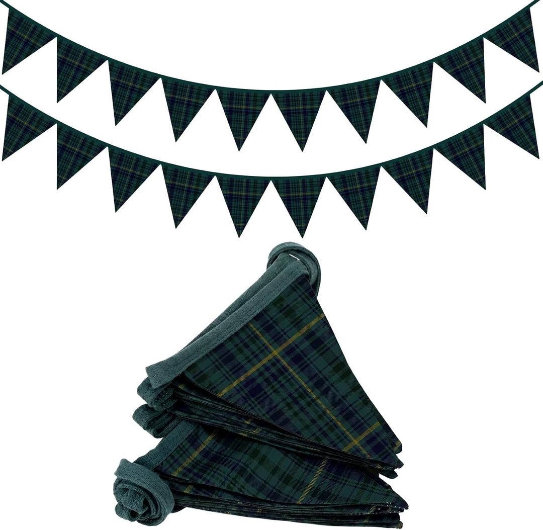2 Pcs Green Blue Tartan Plaid Pennant Banner Flags Fabric Garland Triangle Bunting Flags 7.75 ft Playroom Wall Decor for Nursery Baby Shower Birthday Vintage Party Decorations