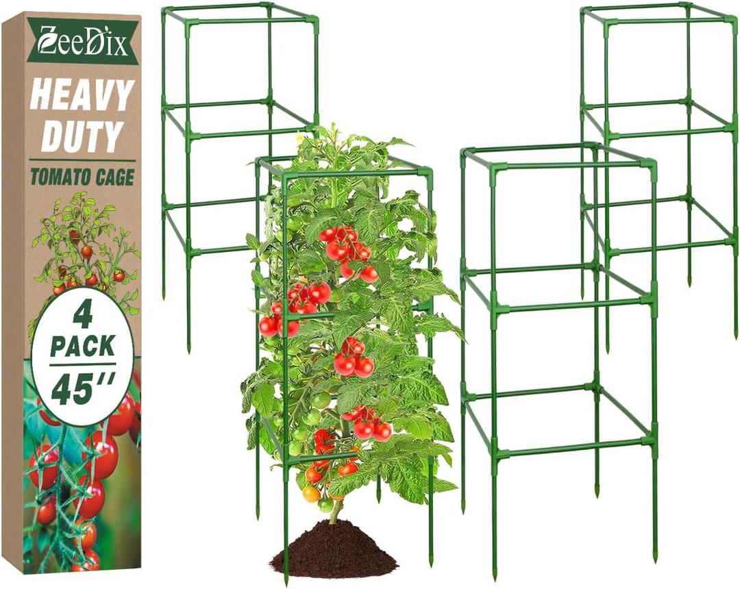 ZeeDix 45 Inch Tomato Cages 4 Pack, Heavy Duty Adjustable Metal Garden Plant Supports for Climbing Vegetables - Square Cage for Tomatoes, Cucumbers, Peas, Flowers with 40 Plant Clips