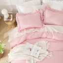 Andency Pink Comforter Set Full, 3 Pieces Lightweight Soft Rustic Pink Ruffle Comforter Women Girls, Solid Farmhouse Shabby Chic Polyester Bedding Comforter Set