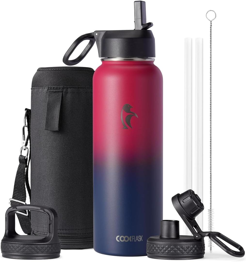 Water Bottle 40 oz Insulated with Straw&Brush, Coolflask Vaccum Stainless Steel Metal 3 Lids Water Flask for Sports, Gym or Office, Keep Cold 48H Hot 24H, Ombre /Navy