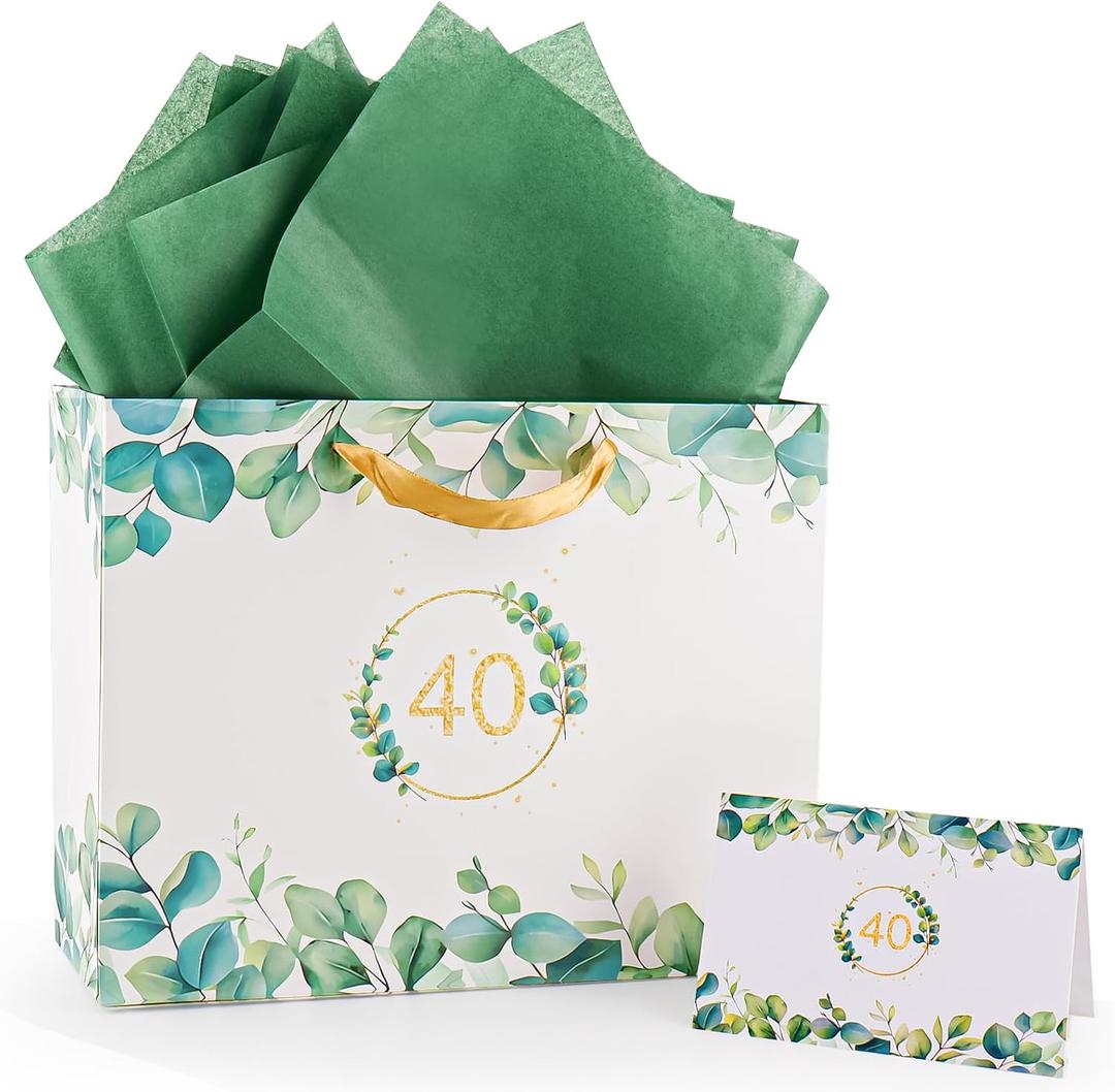 Yiran Eucalyptus Leaves Gift Bags, 40th Birthday Bag with Gift Paper and Cards, 40th Womens Mens Anniversary Birthday Gifts Wrapping Party Decoration