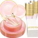Rubtlamp 175 Pcs Pink Plastic Plates Dinnerware Set (25 Guests), Pink Disposable Plates With Gold Rim, Hammered Party Platos Set Include Dinner Plates, Dessert Plates, Cups, Cutlery for Party